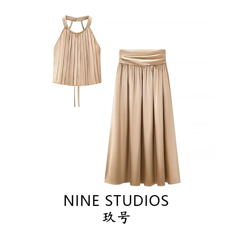 

Sexy Belted Backless Top Neck Hanging Vest High Waist A-Line Skirt Set Women's Fashion Spring Collection Sleeveless Short