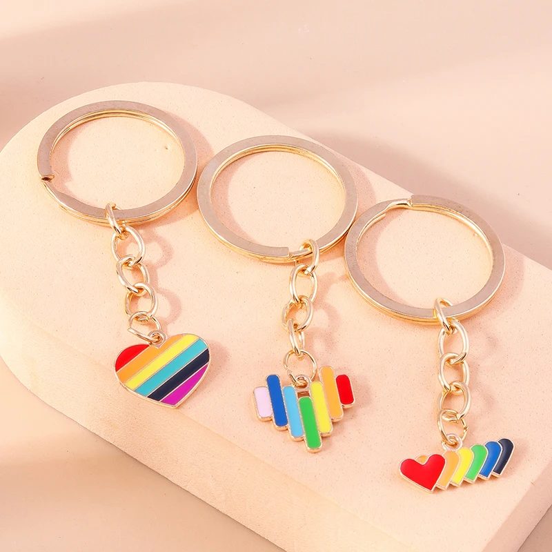 Cute Enamel Rainbow Love Heart Keychain Women Girl Key Ring Pendant for Car Key Holder Handbag Decor DIY Handmade Jewelry Gift