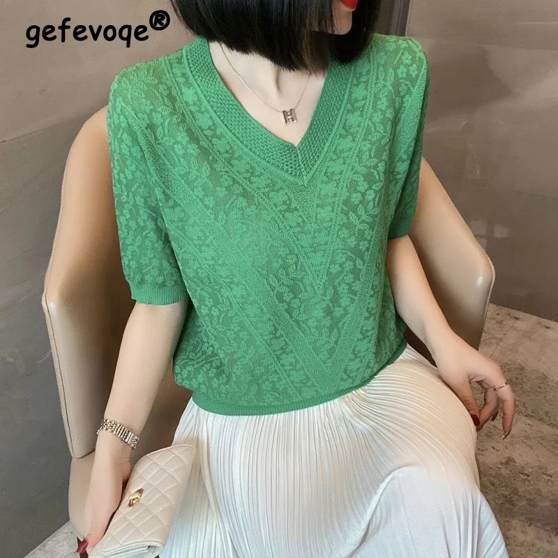 

Women Hollow Jacquard Elegant Chic Basic Knitted T-shirt 2024 Summer Fashion Casual V Neck Short Sleeve Loose Tops Ropa De Mujer