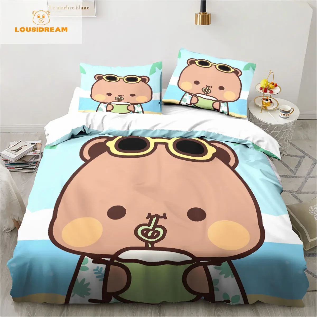 Imagem -04 - Conjunto de Cama para Crianças Capa de Edredão Microfibra ou Poliéster Urso Bonito Kawaii Rei Gêmeo Gêmeo Bubu Dudu Presente de Natal