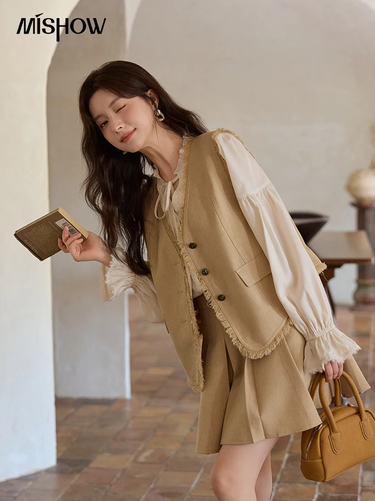 MISHOW kaki ourse rugueuse gilet manteau jupe plissée deux pièces ensemble 2025 automne femmes lin mélange rétro ensemble bureau dame MXE41T0690
