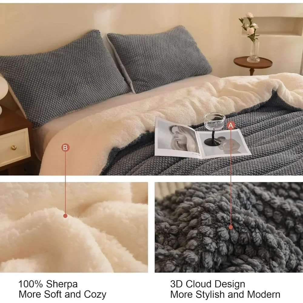 3D Jacquard Design Duvet Set, Super Soft and Warm Large Sherpa Plush 3-Piece Luxurious Comfort Bedding and 2 Pillowcases