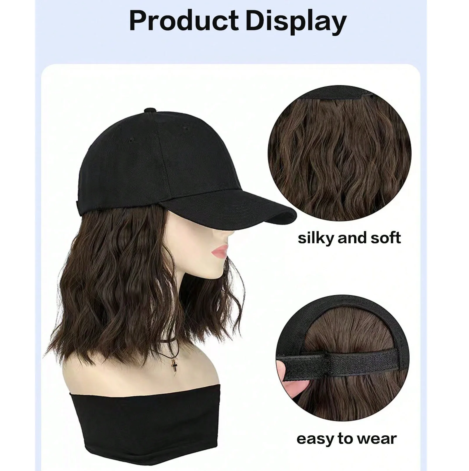 Parrucca per cappello da donna, parrucca per berretto da baseball a onde corte con estensioni sintetiche ricci, parrucca per cappello da baseball marrone nero regolabile