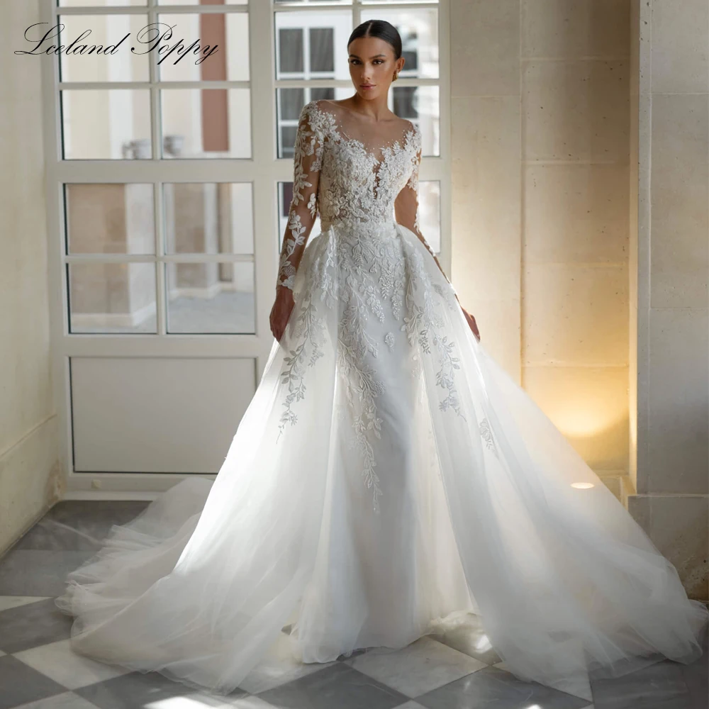 Lceland Poppy Customized 2 Pieces Mermaid Wedding Dresses Scoop Neck Beaded Lace Bridal Gowns with Detachable Train