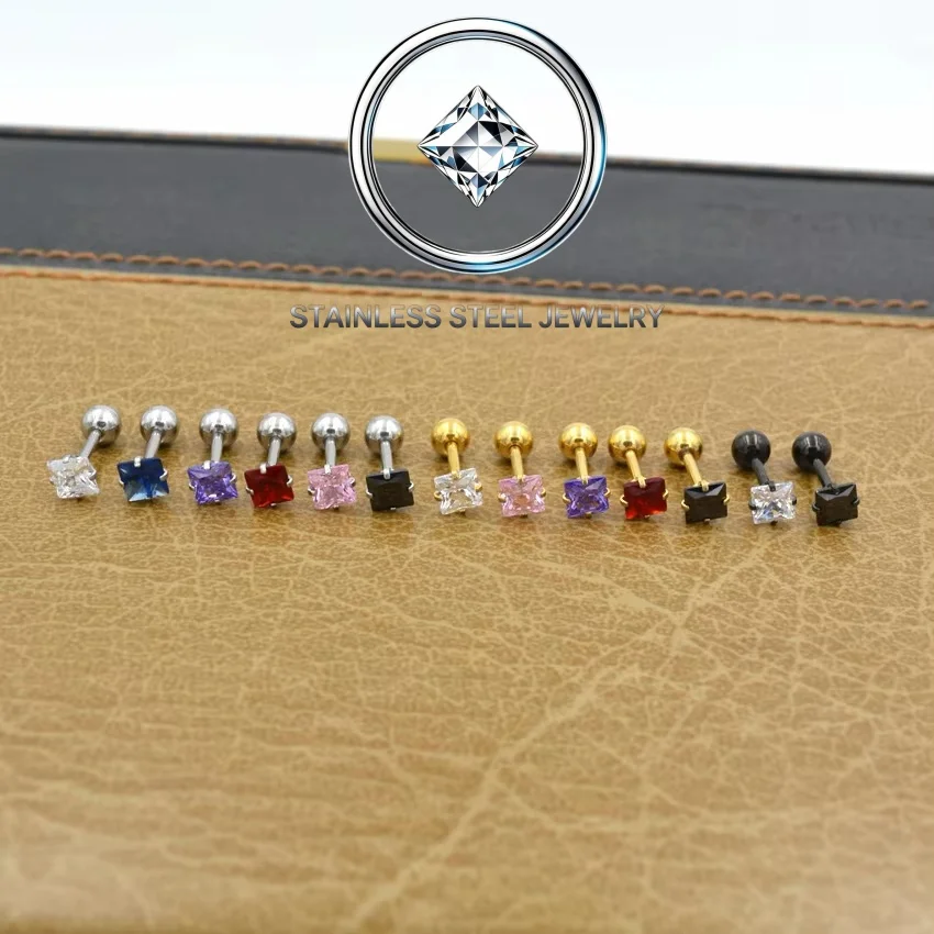 16G Stainless Steel With 3mm Square Colorful AAA Zircons Stud Earrings Brief Style IP Plating No Fade Allergy Free