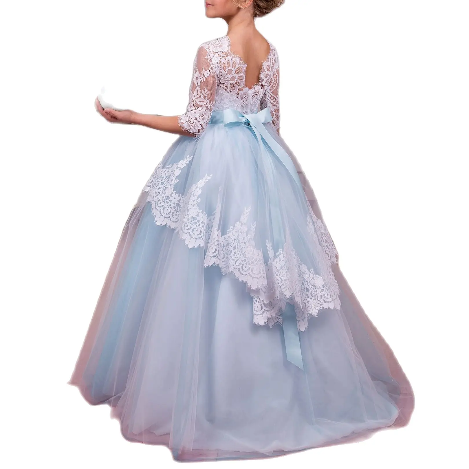 

Elegant Blue Flower Girl Dresses For Wedding Lace Three Quarter Sleeves Long First Communion Pageant Dress Kids Party Gown