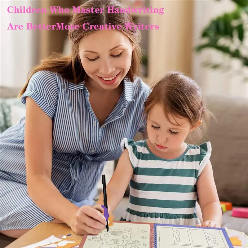 

4 Pc Grooved Handwriting Book Practice,Magic Copybook For Kids,Grooved Kids Writing With Auto Disappear Ink Pen