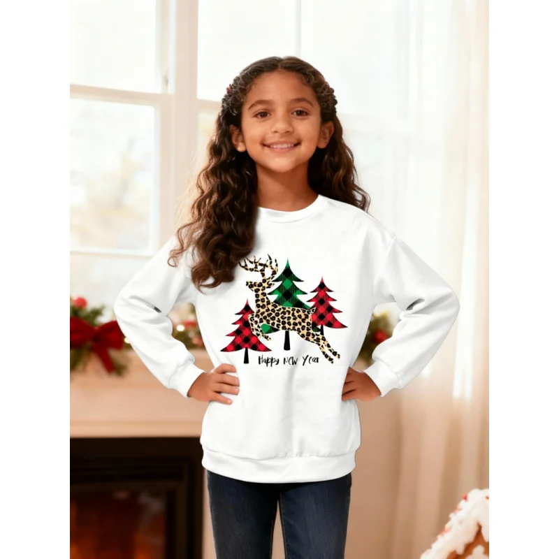 

2026Girls Christmas Sweatshirt Children's Christmas Tree Deer Print Round Neck Long Sleeve Top