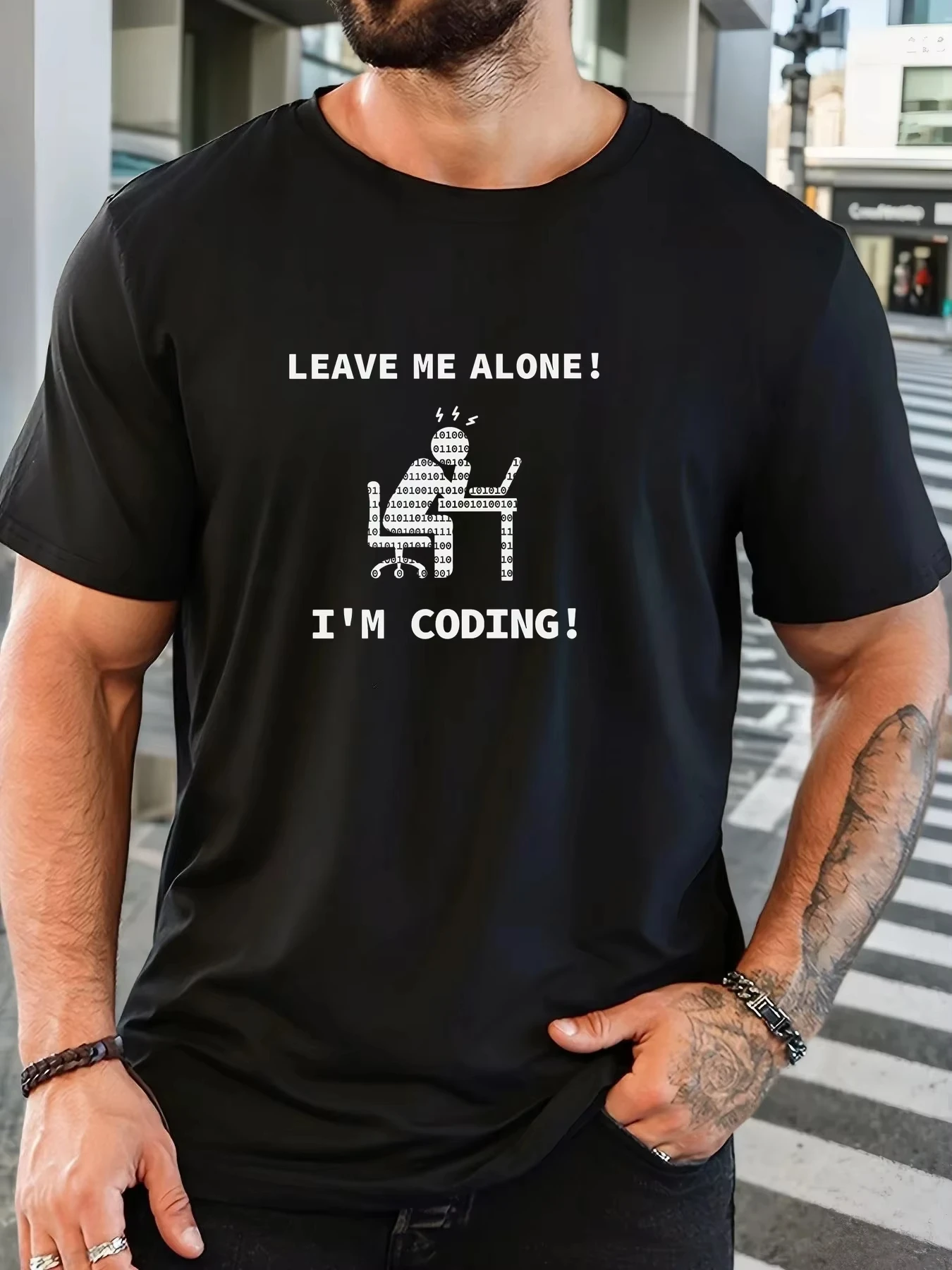 Leave Me Alone I'm Coding Binary Code Graphic Men T-Shirt Funny Programmer Developer Short Sleeve Cotton Tee Geek Tech Nerd Top