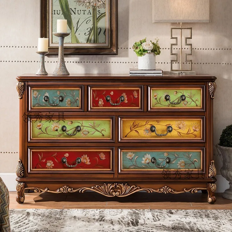 American rural retro solid wood chest storage cabinet light luxury bedroom European chest of drawers secret cabinet living room