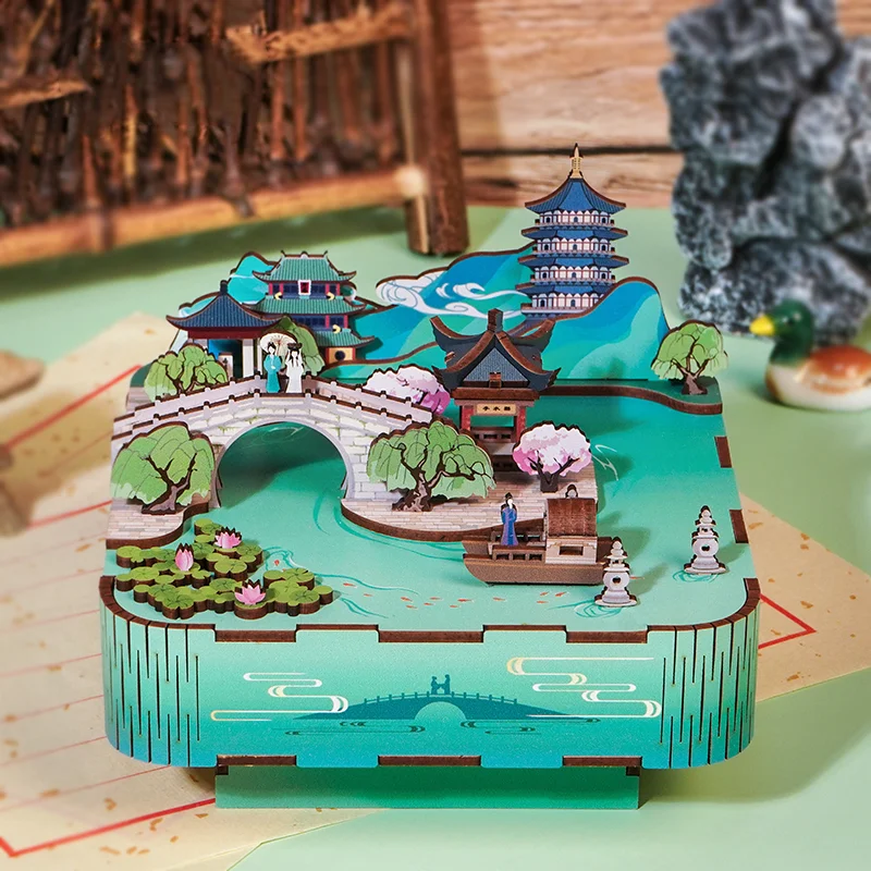 DIY Wooden Model Building Kits Music Box Hangzhou City Street View Puzzle Educational Toys for Children Gifts Home Decoration