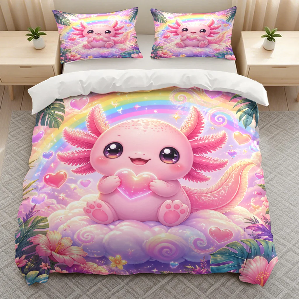 Axolotl Duvet Cover Twin King Size Lovely Axolotls Bedding Set Cute Sea Animal Comforter Cover Cartoon Ocean Animal Quilt Cover