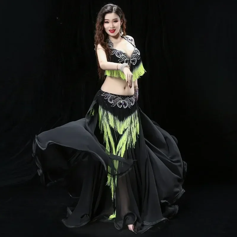 Heavy Tassel Belly Dance Performance Costume Drum Oriental Dance Outfit Bra Skirt Competition Skirt Contrast Color For Women