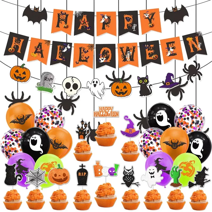 Halloween Party Decorations Set Happy Halloween Banner Trick or Treat Garland Spider Web Hanging Swirls Cupcake Toppers Balloons
