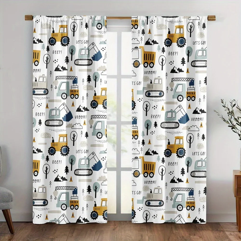 Cartoon engineering vehicle printed curtains, Christmas decorations, bedroom and living room, home decoration, room decoration