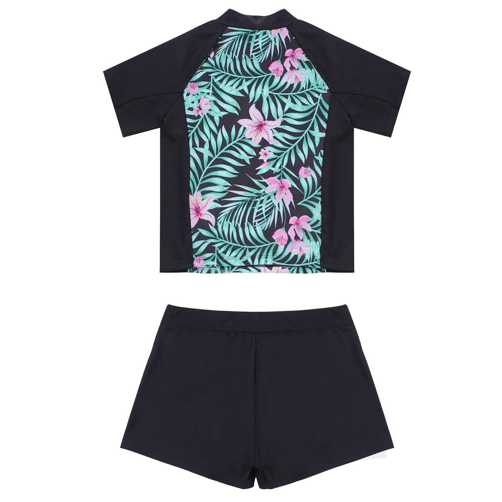 2Pcs Kids Girls Swimming Suit Round Neck Short Sleeves Floral Print Top Drawstring Boyshorts Beach Swimwear Bathing Suits