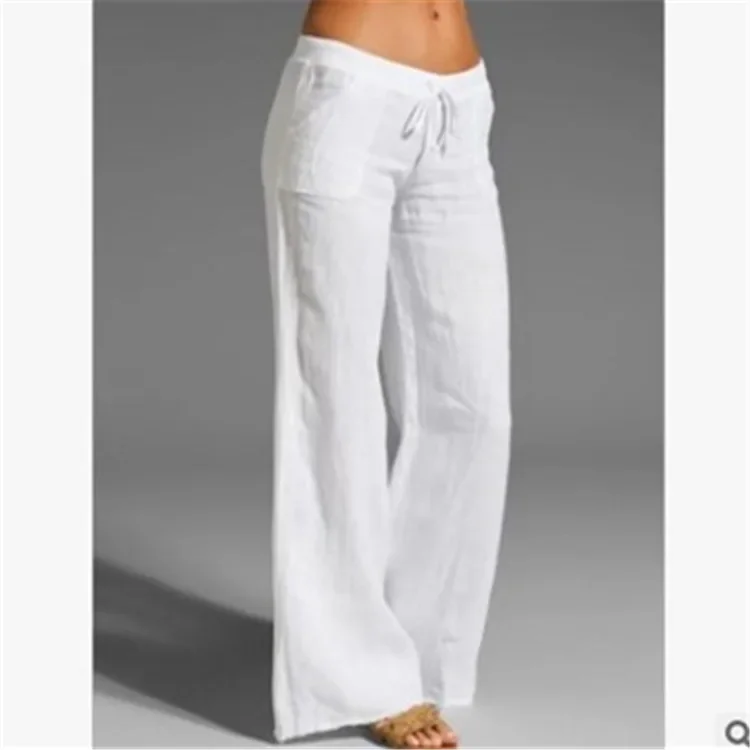 Pantalones acampanados de cintura alta para mujer, pantalón informal de lino y algodón, con bolsillo acampanado de pie grande, nuevo estilo, de China, 2023