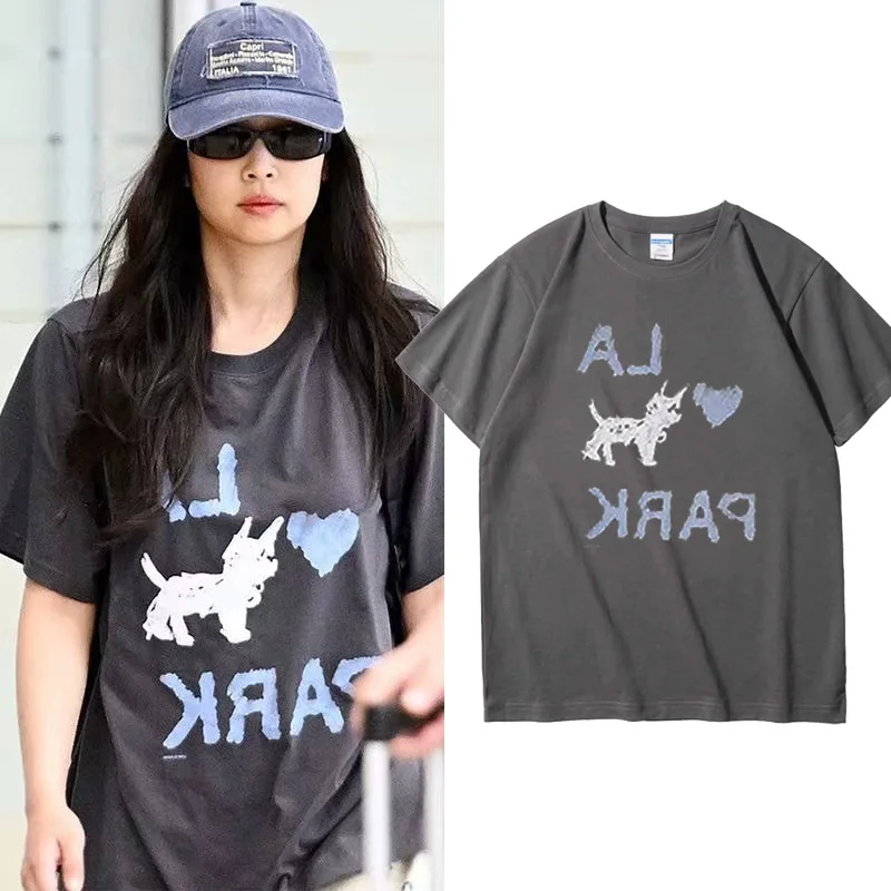 

Футболка свободного кроя из хлопка с принтом для женщин, повседневный топ в корейском стиле из чистого хлопка, молодежная мода