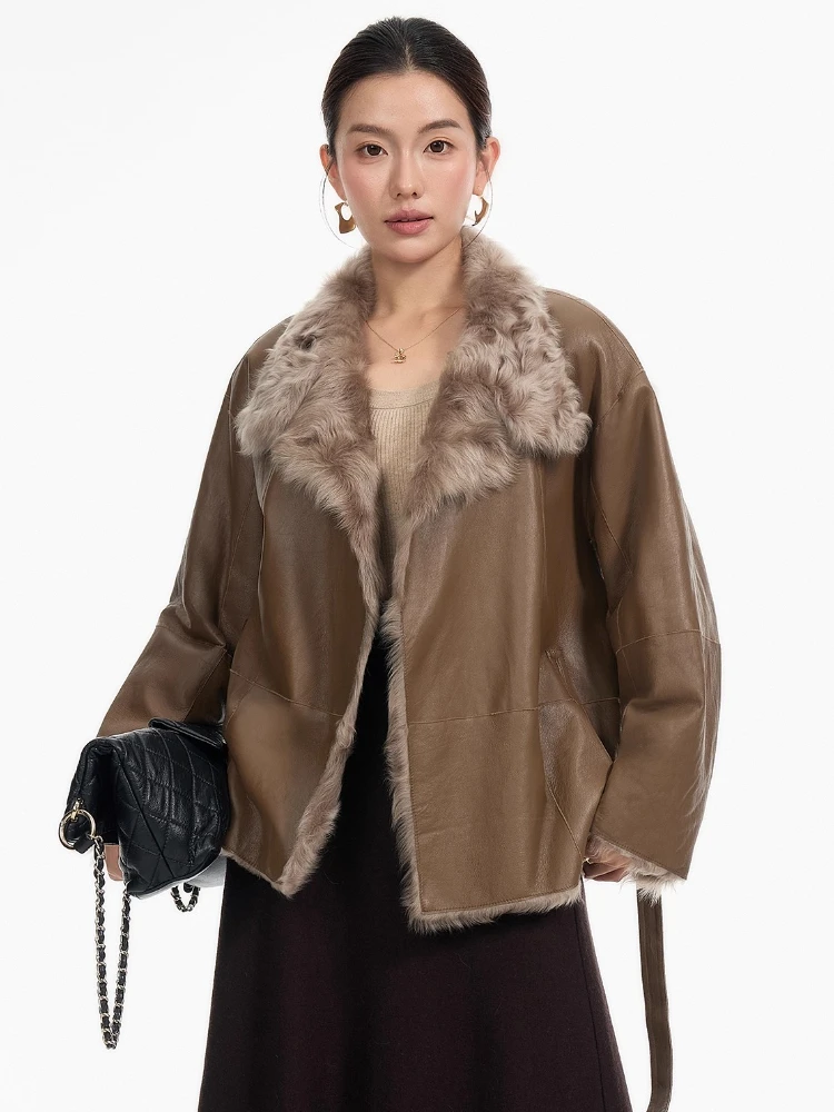 

High-end Luxury Natural Lamb Fur Winter Jackets Women Simple Double-sided Wear Genuine Leather Real Fur Shearling Coat with Belt