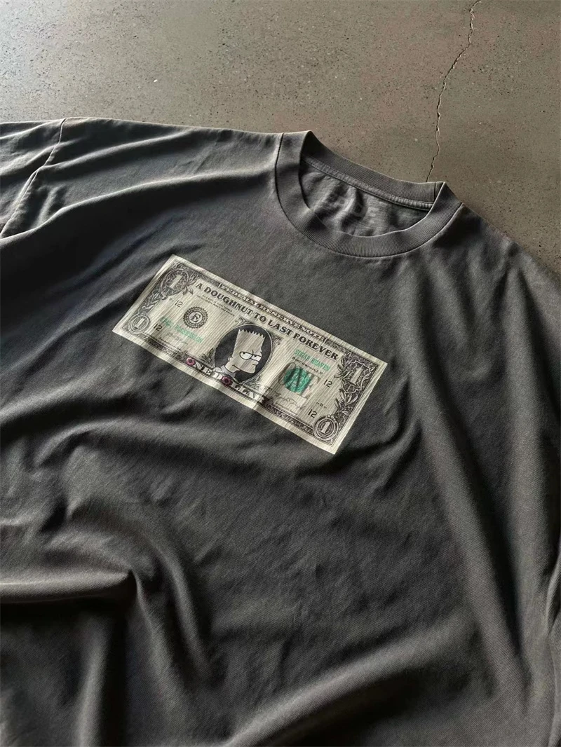 Epide Animated Characters US Dollar Print Washed Vintage Short Sleeved American High Street Casual Loose Top Oversize T-shirt