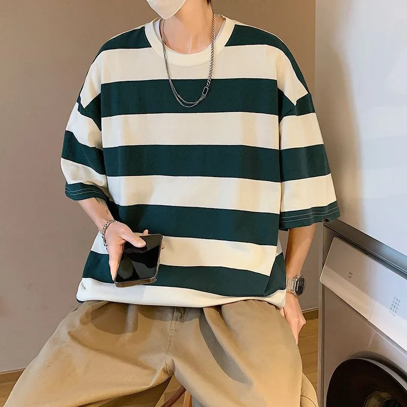 New Loose Contrast Color Short Sleeve Main Striped T-shirts Summer Oversized T-Shirt Japan Hip Hop Loose Half Sleeve T Shirts