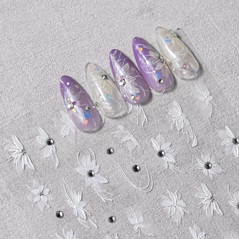 Pure White Flower Rhinestone Translucent Snowcut Grass Pearl 5D Relief Self Adhesive Nail Art Decoration Sticker Manicure Decals