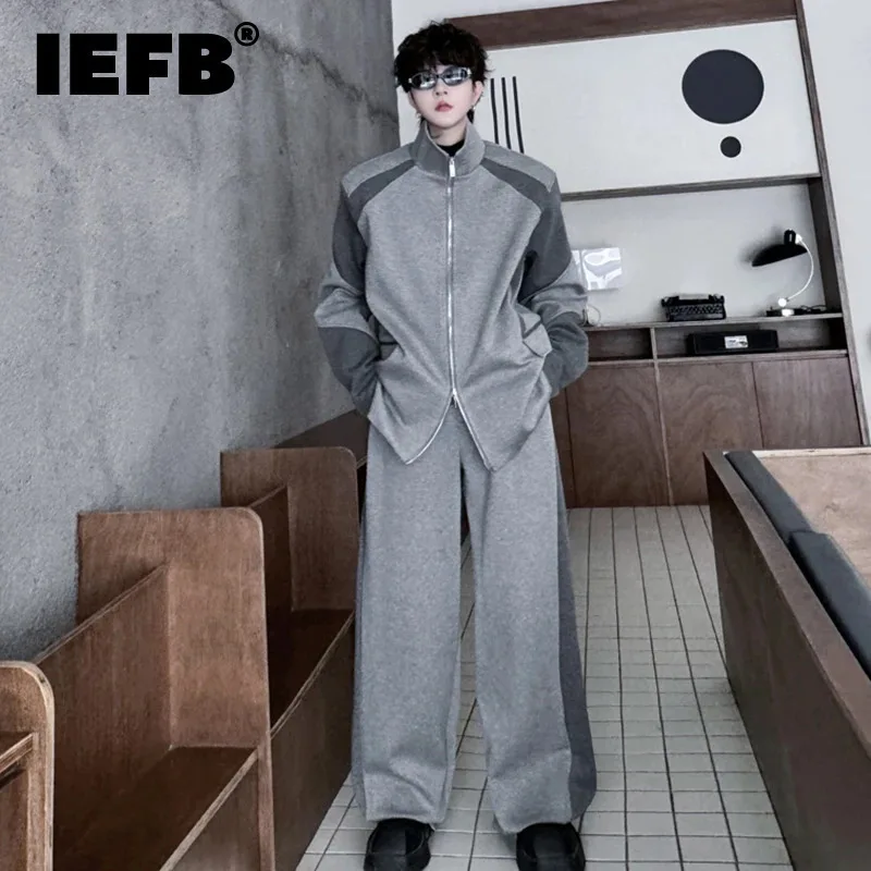 IEFB 2024 Autumn Men's Suit Stand Collar Contrast Color Spliced Design Sweatshirt Casual Wide Leg Male Pants Streetwear 28W4795