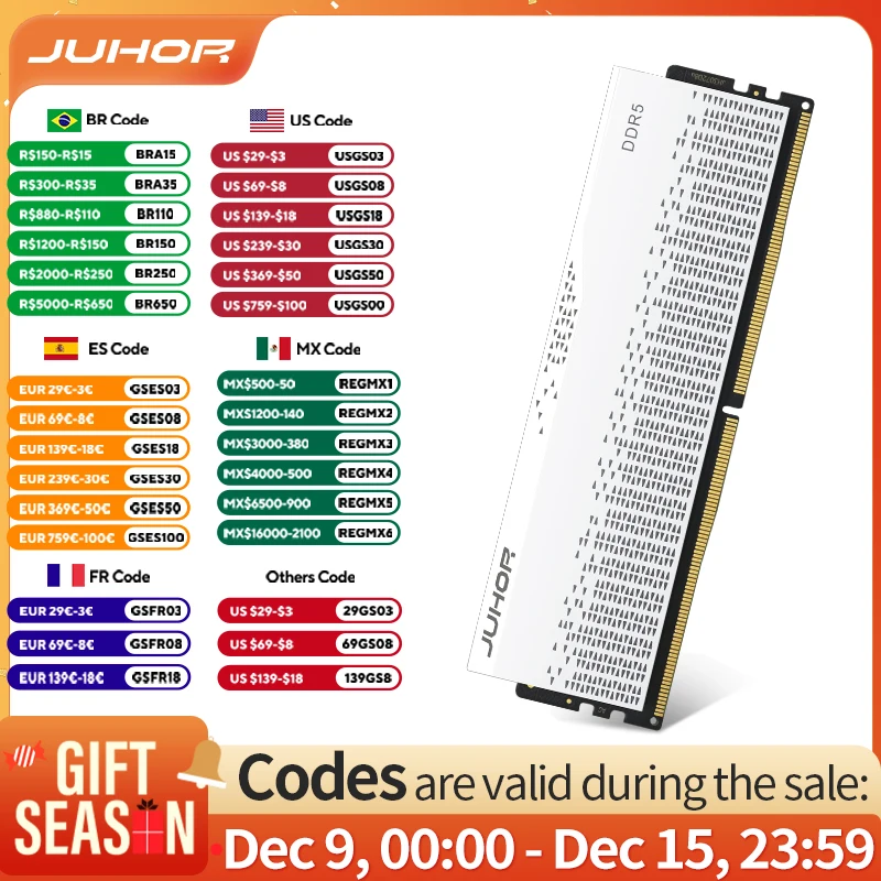 JUHOR DDR5 16GB 4800MHz 5600MHz 6000MHz 6400MHz 6800MHz 7200MHz DDR5 RAM UDIMM for Computer PC Desktop Memory Ram DDR5