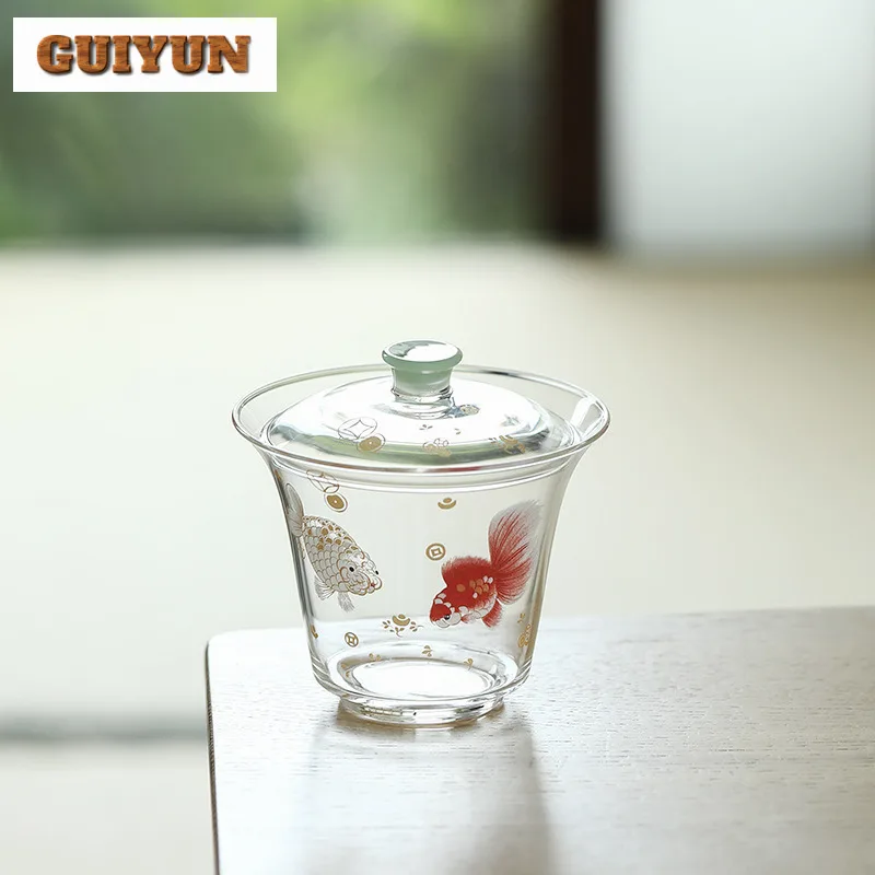 

170ml Heat-resistant Glass With Fish Gaiwan Antique Tea Tureen Tea Bowl With Lid Kit Tea Maker Cover Bowl Tea Services Ornaments