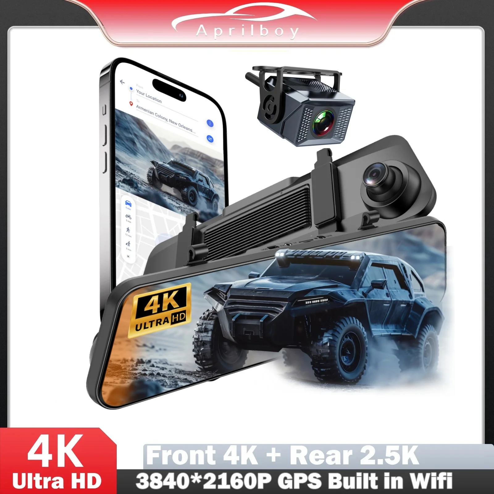 Aprilboy P30 WIFI Mirror Dash Cam 4K+2.5K Smart Driving Assistant with Voice Control Support Monitor Night Vision 24H Parking