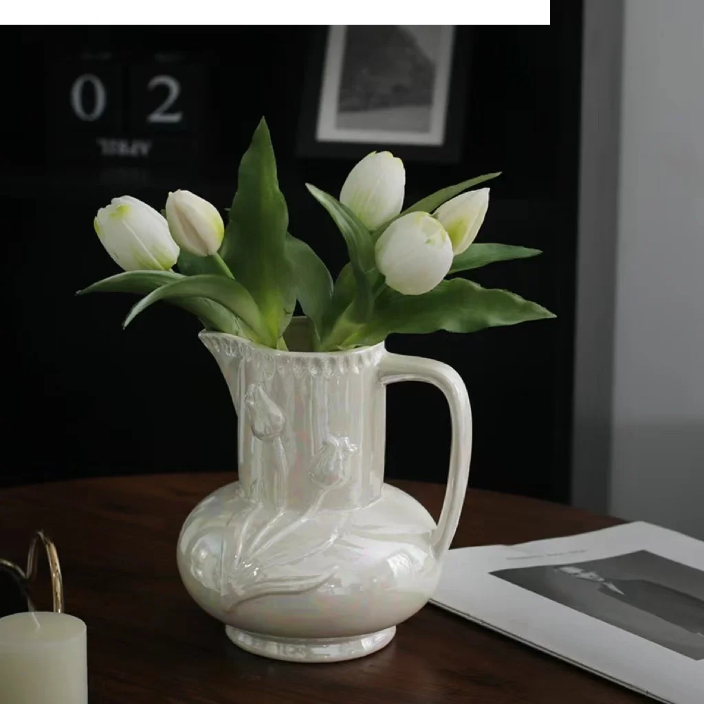 Retro European Ceramic Vase Pearlescent Relief  Lustre Kettle Shape Floral Arrangement Accessories Hydroponics Flower Pot