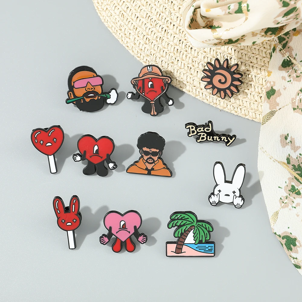 Cute Bad Bunny Brooch Cosplay Singer Bad Rabbit Red Heart Badge Enamel Brooch Clothing Backpack Pin Decoration Accessories Gifts