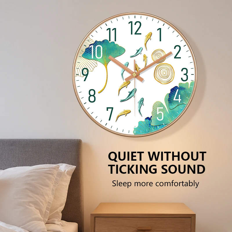 Art Silent Wall Clock Koi Fish Ginkgo Leaf Non-Ticking Clock with Black Rose Golden Frame for Living Room Bedroom Home Decor