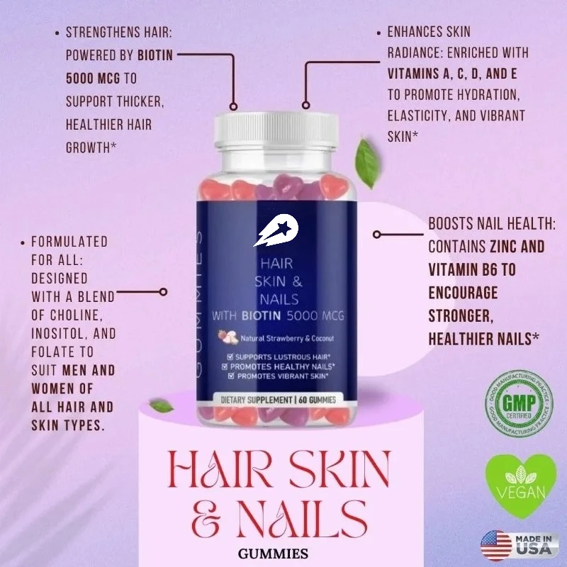 

Конфеты для волос, кожи и ногтей содержит биотинные витамины для роста волос, сильных ногтей и здоровой кожи - 60 жевательных конфет