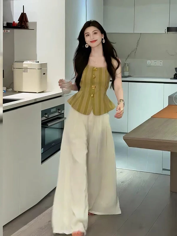 Summer 2026 Women's Fashion Set Pants High Waist Slim Fit Top Two-Piece Set Elegant Personality Small Size Visual Impact