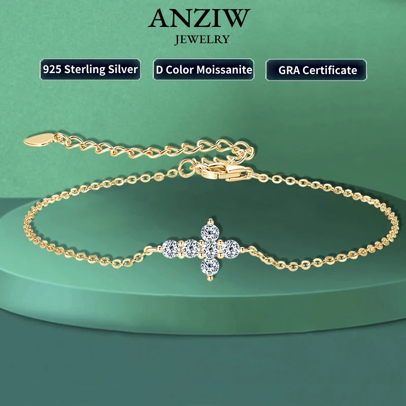 Anziw Real Moissanite Cross Bracelet 100% 925 Silver Adjustable Chain Bracelets for Women and Men Charm Jewelry Christmas Gifts