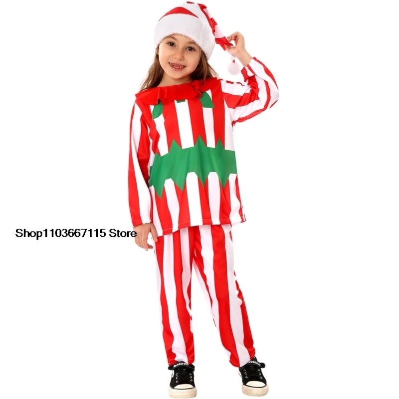 Boys Girls Christmas Stripe Cosplay Costume Top Pants Hat Xmas set  Kids Xmas New Year Party Performance Outfits