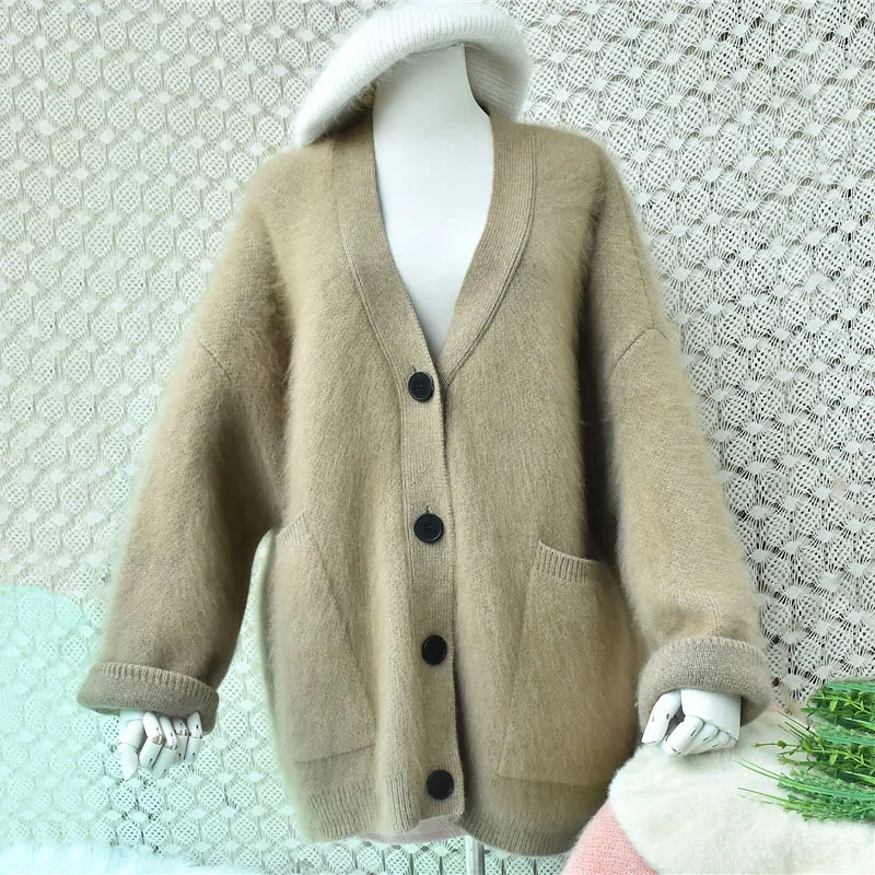 Women Winter Thick Warm Hairy Mink Cashmere Knitted V-Neck Long Sleeves Loose Cardigans Sweater Lazy Oaf Jacket Coat Pull Tops