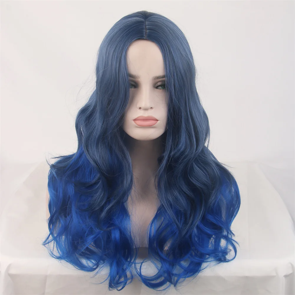 

The wig is divided into two parts blue gradient full hood the highlight dye the woman's long curly hair big wave chemical fiber