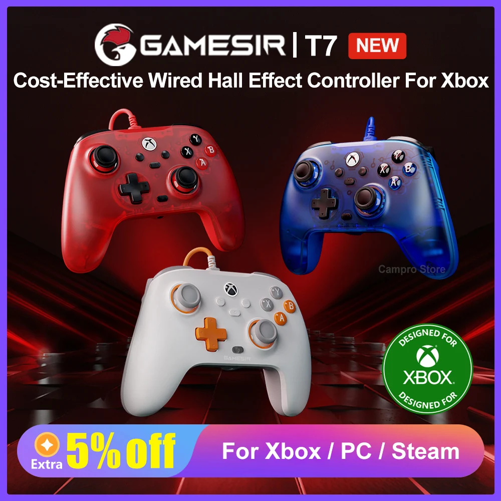 

GameSir T7 Wired Game Controller for Xbox Series X S, Xbox One X S, PC Windows 10 11 and Steam with Hall Effect Sticks Triggers