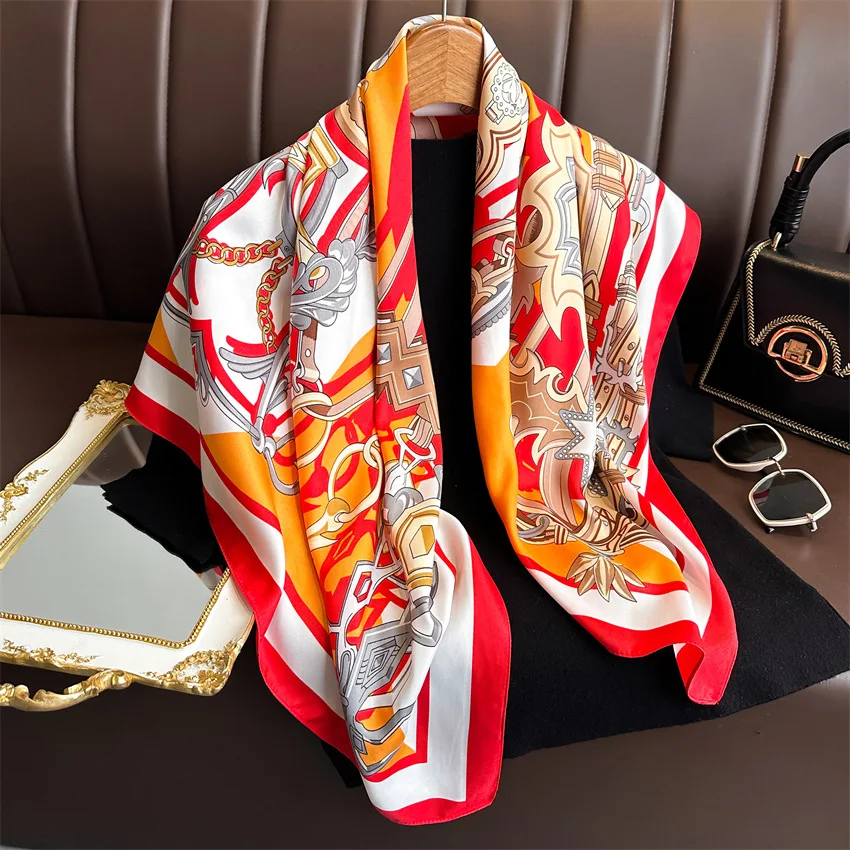 90*90cm Twill Scarf For Women Luxury Chain Print Shawl Fashion Style Four Seasons Scarves Women Sunscreen Beach Kerchief Hijab