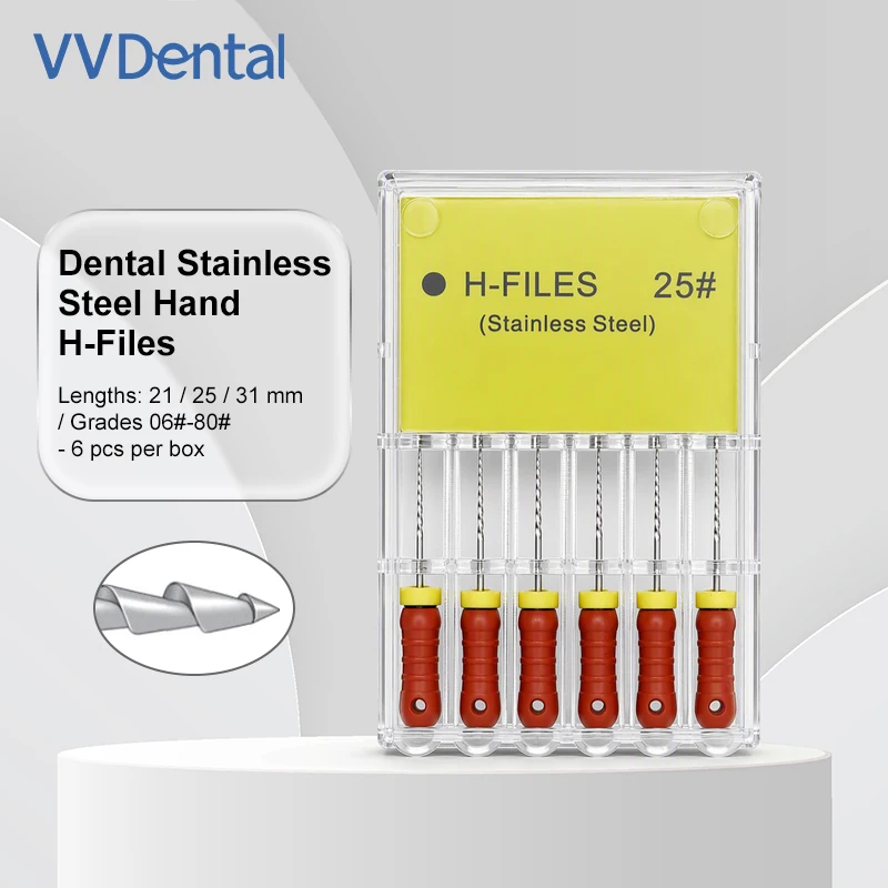 VVDental 6 Pcs/Box Stainless Steel Dental H-Files Endodontic Hedstrom Root Canal Files Sizes 06#-80# & Lengths 21/25/31 mm