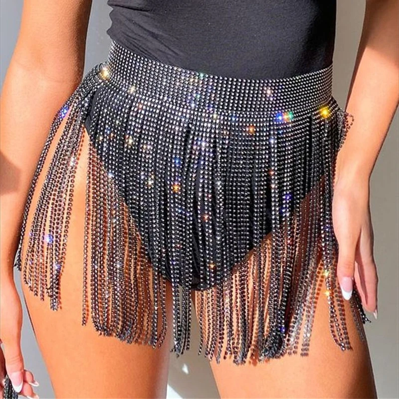 2024 sommer Glitter Festival Sexy Strass Quaste Rock Handgemachte Frauen Hohe Taille Nachtclub Party Mini Röcke Für Dame Gürtel – Detail 2