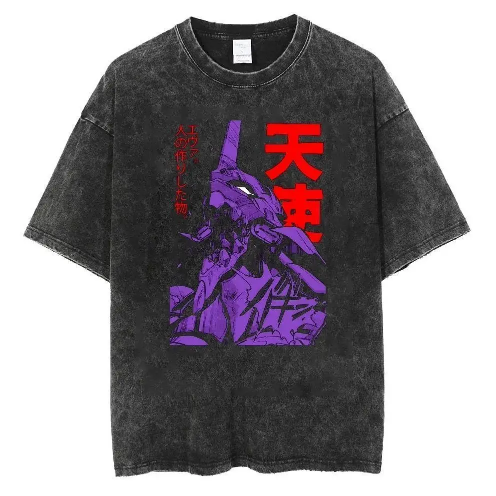 

2026 summer Evan Unit-01 Angel Washed T-shirt Anime Harajuku Streetwear Oversized Cotton Tee Y2K Retro Otaku Tops