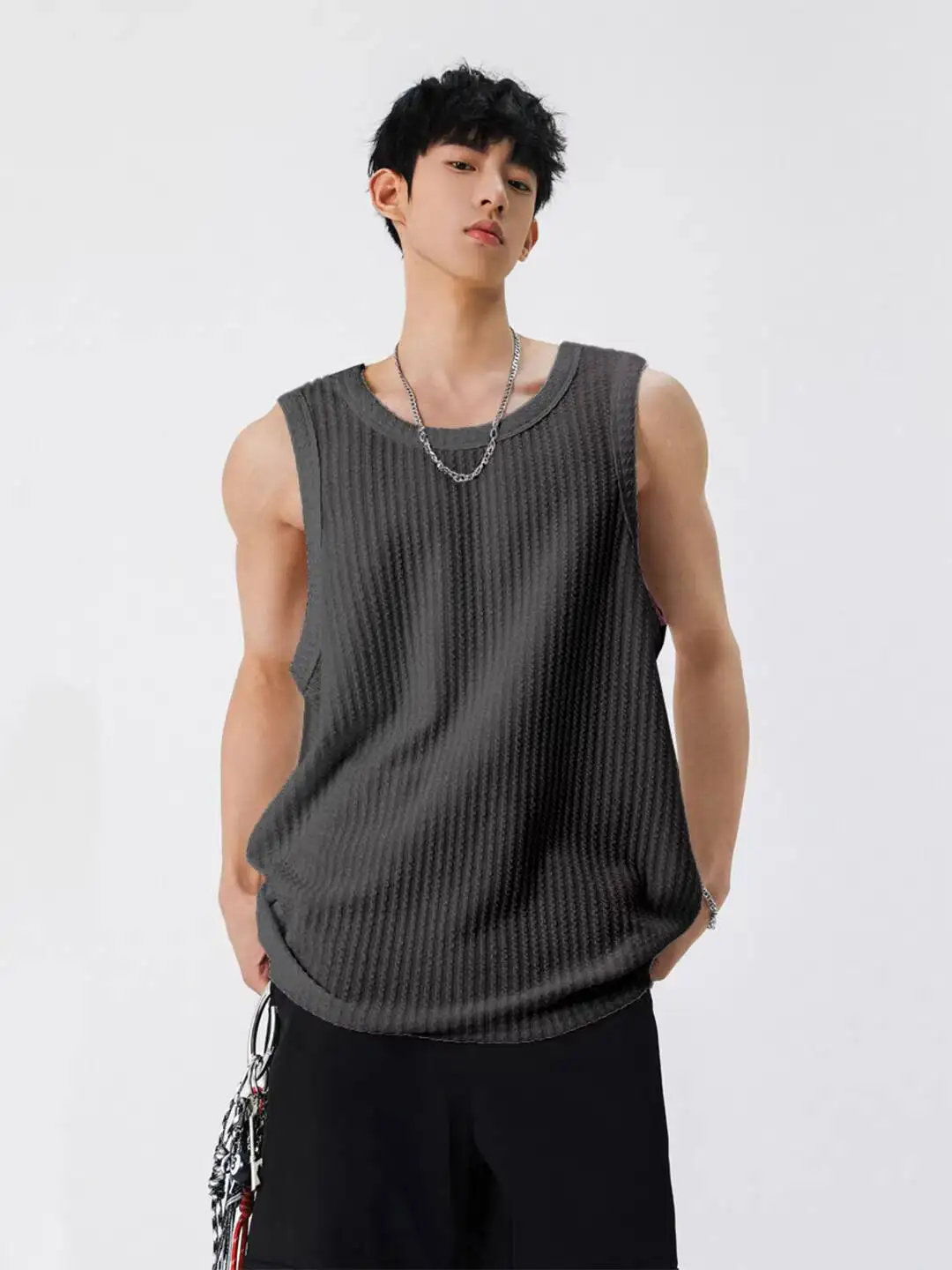 Man Tank Top 2026 New Summer Men's Textured Sleeveless White Black Vest Teen Basketball Sports Tank
