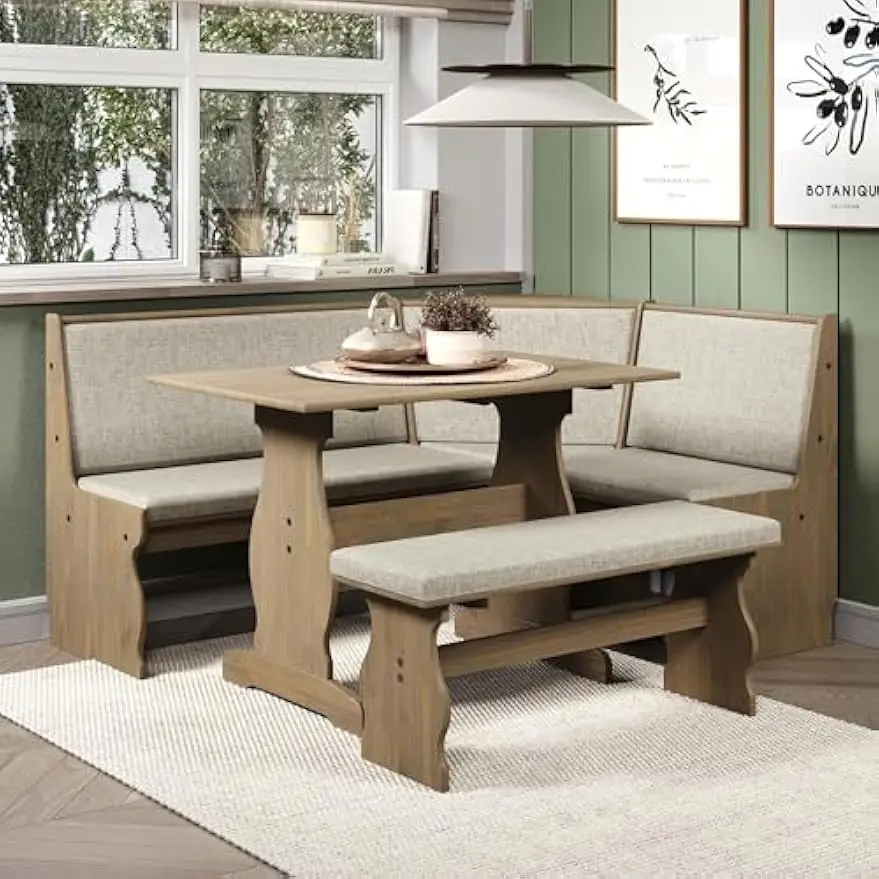 Natasha Transitional Wood Corner Nook Dining Set with Upholstered Seats, Some Assembly Required, Seats up to 5 People