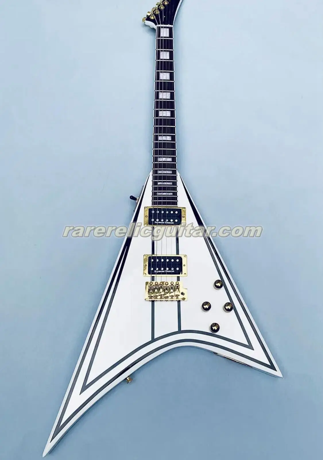 Randy Rhoads RR 1 Black Pinstripe White Concorde V Electric Guitar White Neck Binding Tremolo Bridge Whammy Bar Gold Hardware