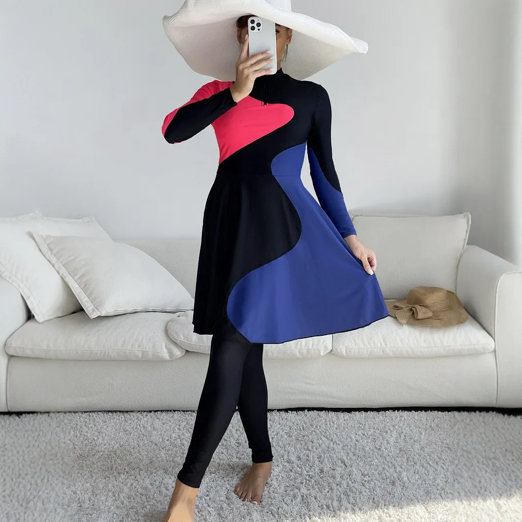 

Modest Swimwear for Muslim Women New Burkini 2pcs All Cover Swimsuits Long Dress and Long Panty Blue and Red Patchwork Burkini