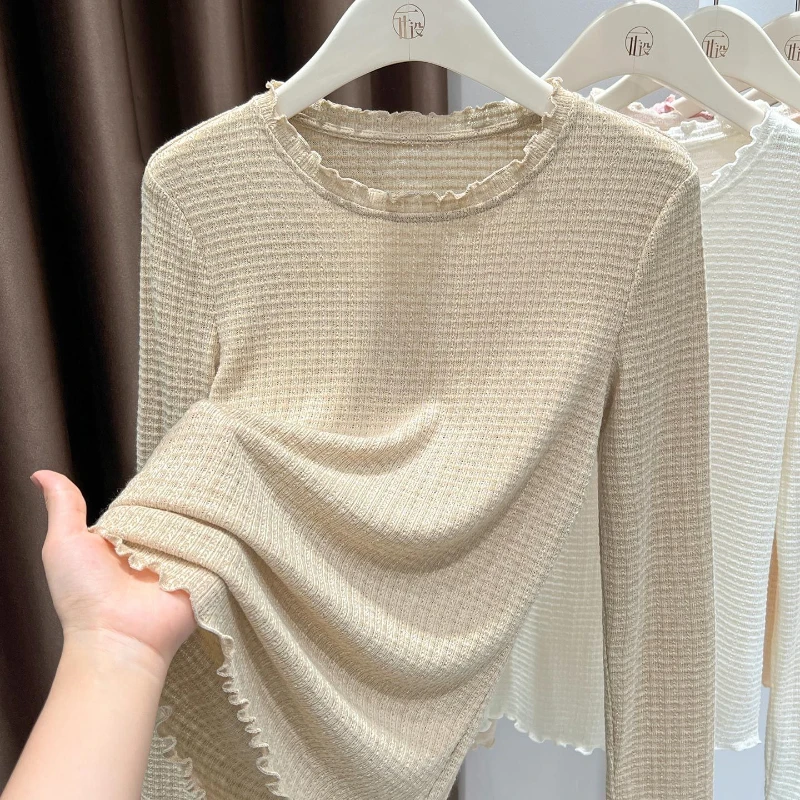 Women's Soft Base Shirt Autumn 2026 Knitted Black Fungus Edge Long Sleeve Solid Color Simple Versatile Fashion Top