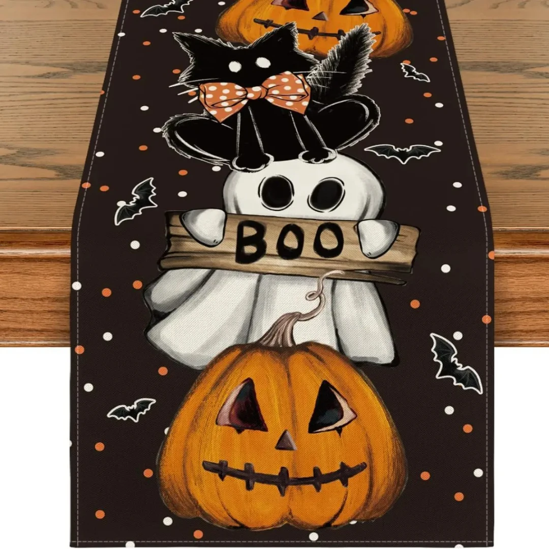 Halloween Polka Dot Ghost Pumpkin Cat Linen Table Runners Party Decor Reusable Dining Table Runners Kitchen Halloween Decoration